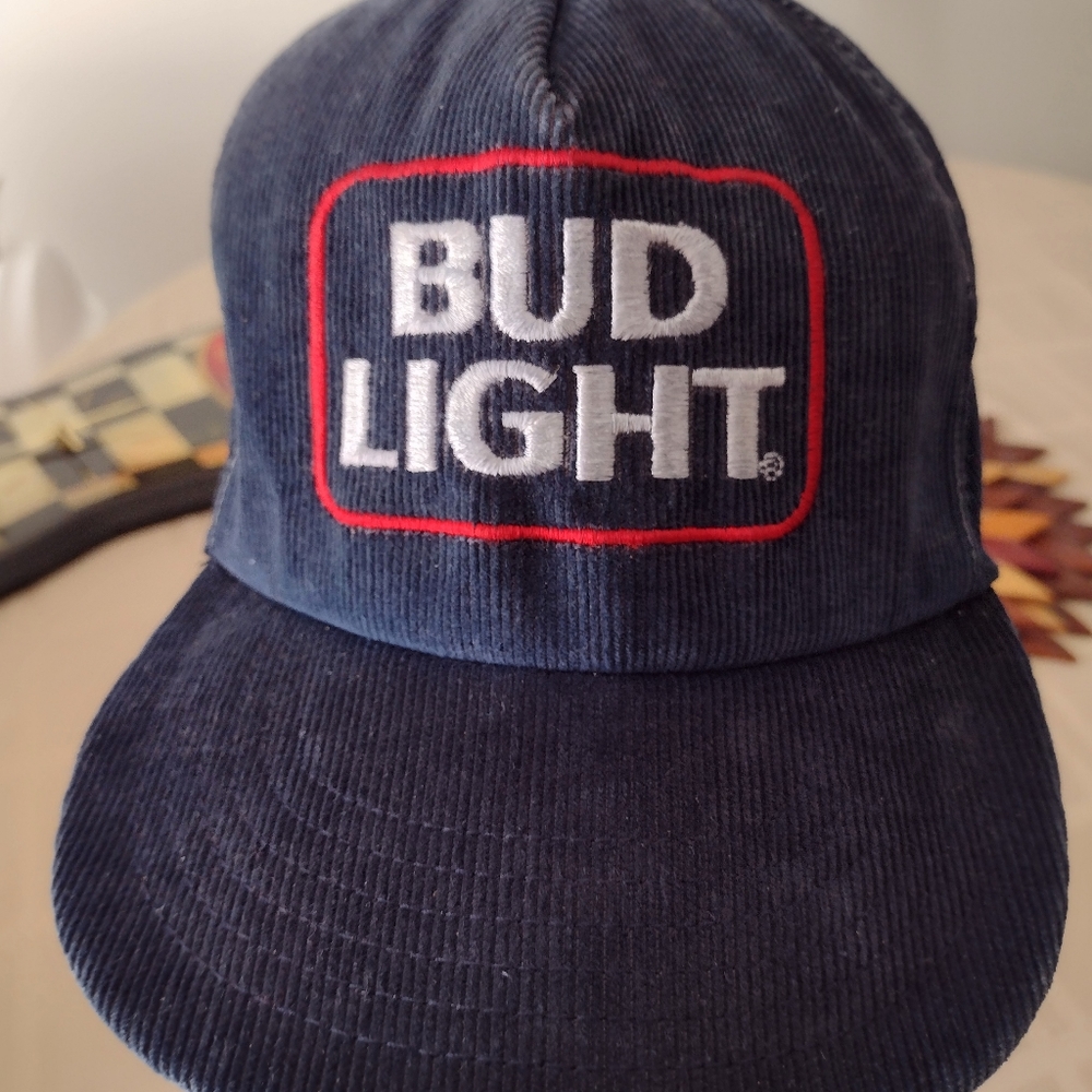 Preloved vintage 80s navy corduroy BUD LIGHT snap back cap. Made in USA.